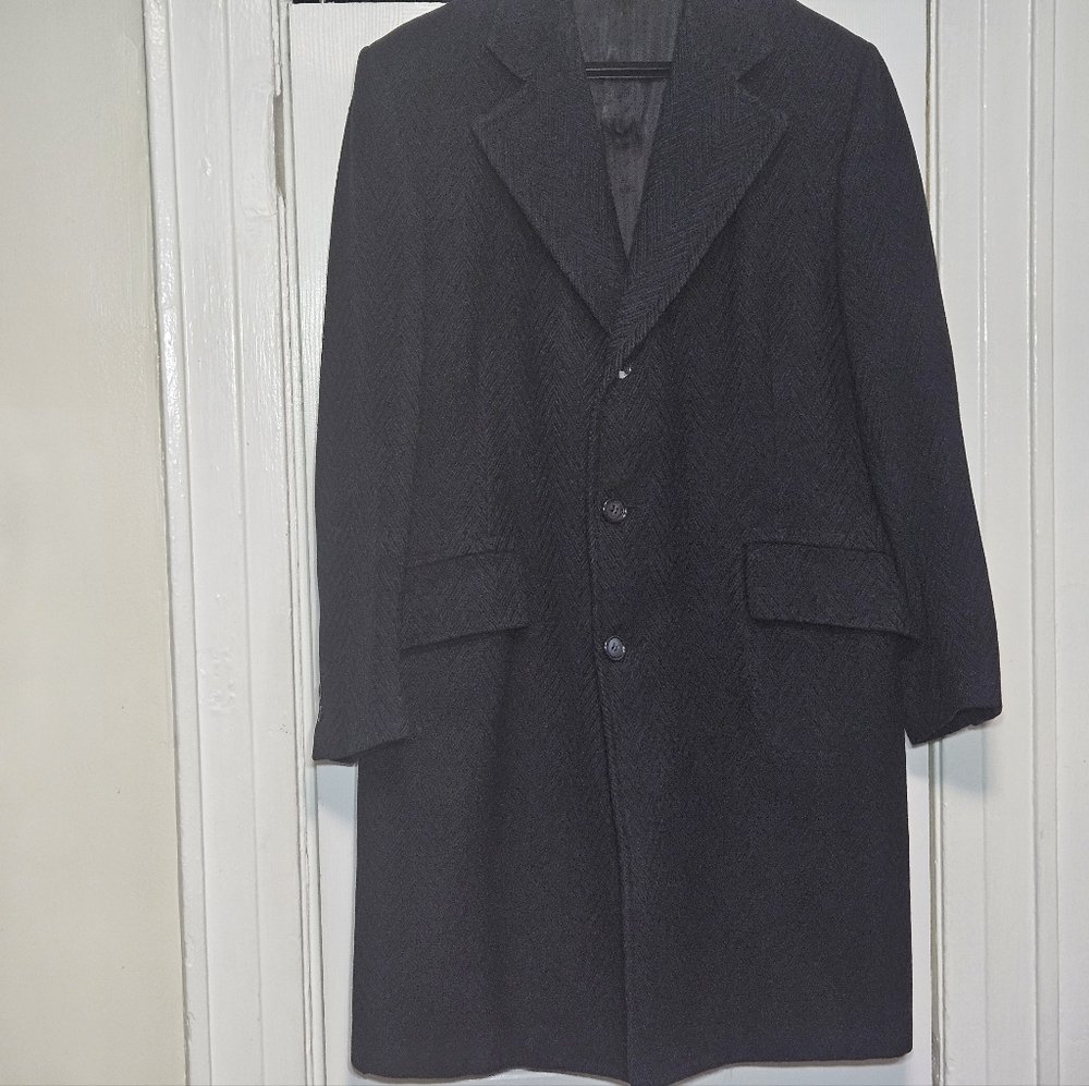 Vintage Mens Navy Herringbone 3 Botton Wool Retro Overcoat Peacoat
